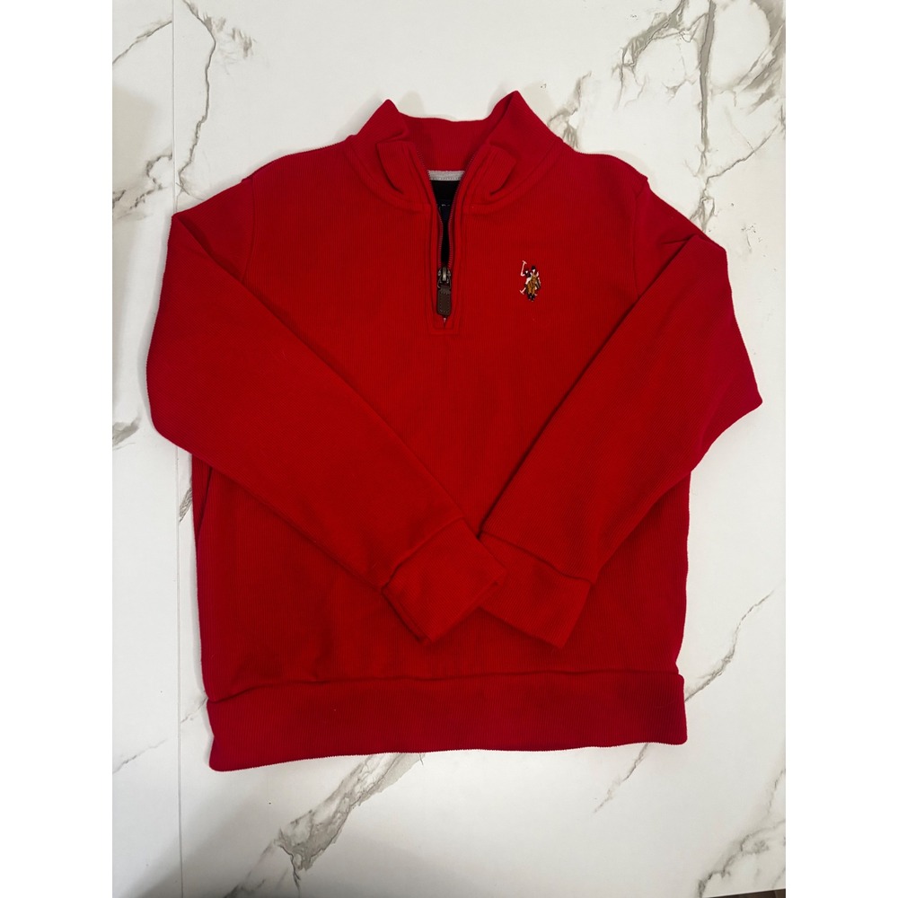 US Polo Assn Boys Red Quarter Zip Ribbed Pullover Sweater Size M 8